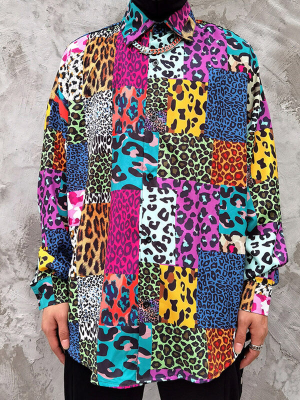 Leopard Plaid Loose Long Sleeve Hawaiian Shirt