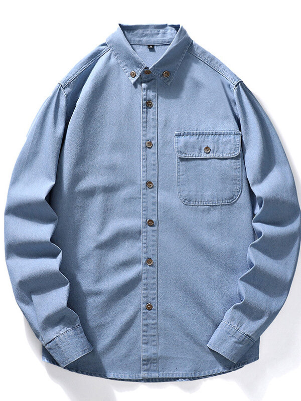 Men's Solid Cargo Jacket Washed Denim Shirt