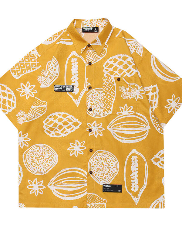 Fruits Print Hawaiian Loose Button Down Shirt