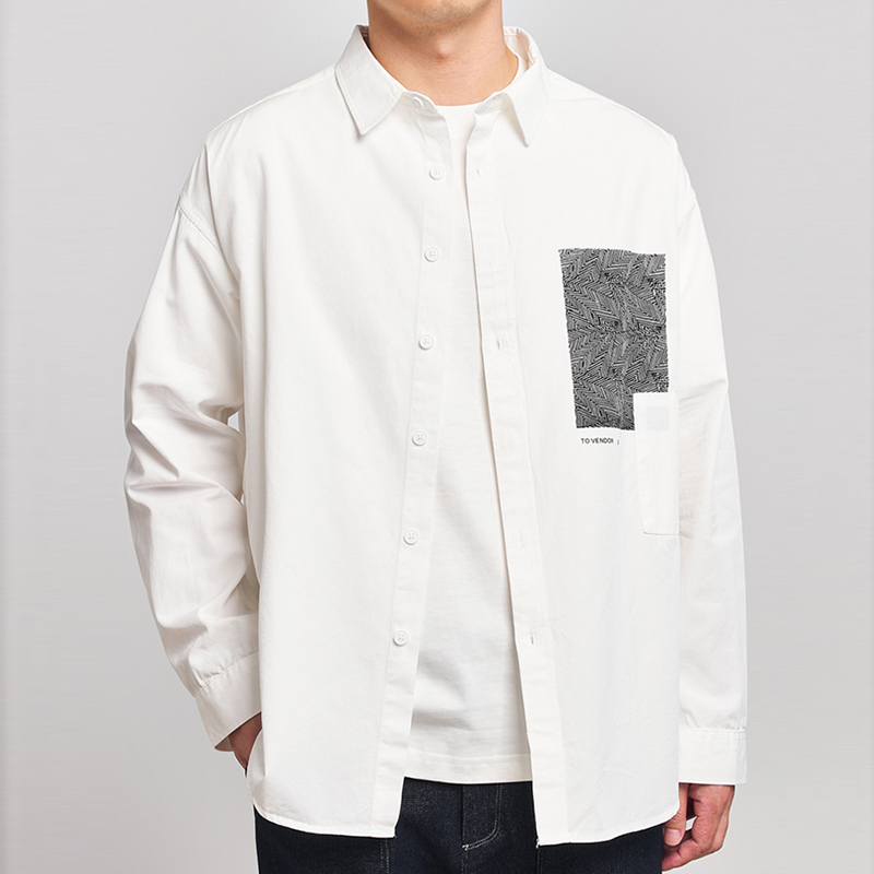 Men's Simple Print Pockets Long Sleeve Shirt