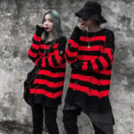 Striped Sweater Ripped Loose Couple Pullover