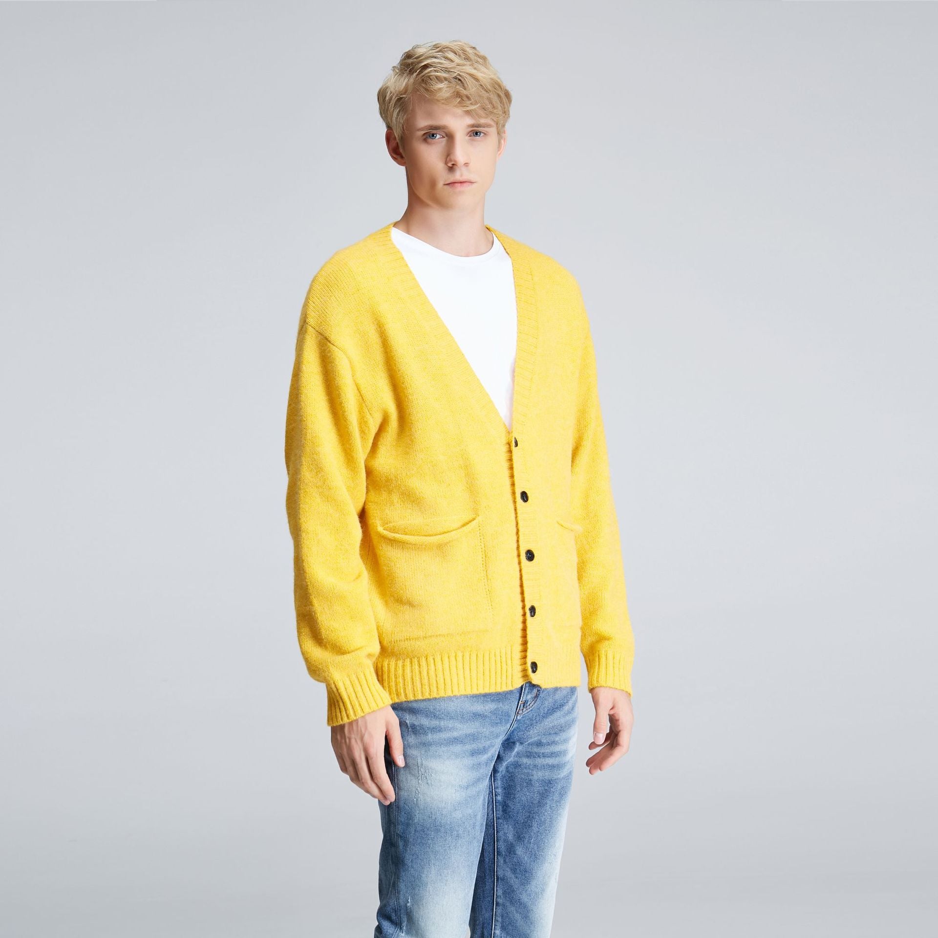 Men's yellow relaxed V-neck button cardigan