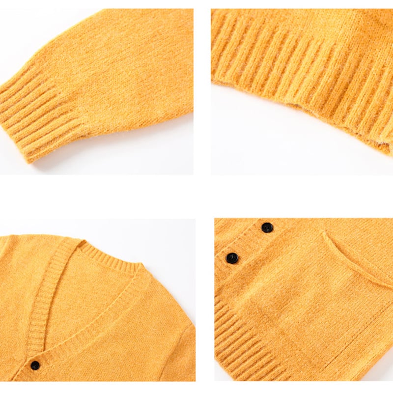 Yellow cardigan rib-knit cuffs hem neckline buttons and pocket details