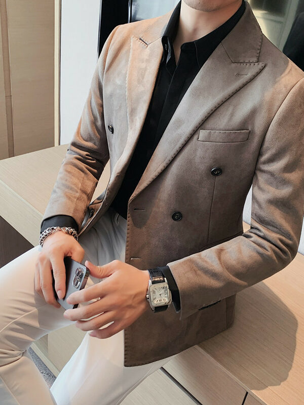 Men's Solid Slim Fit Suede Blazer Suit Jacket