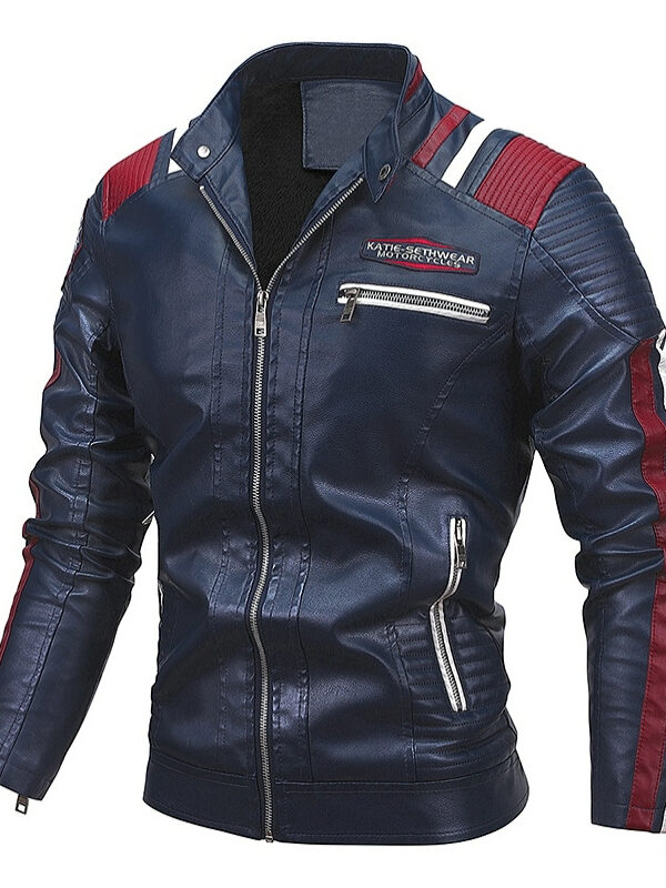 Faux Leather Motorcycle Stand Collar Jacket