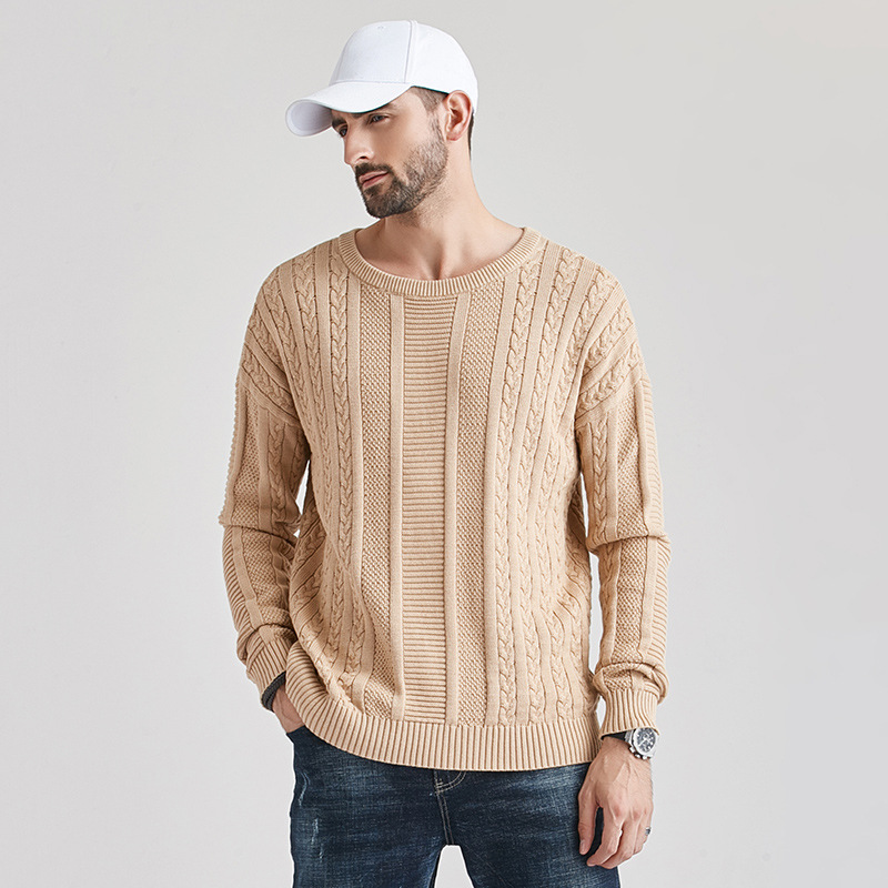 Mens Solid Ribbed Bottoming Crew Neck Sweater
