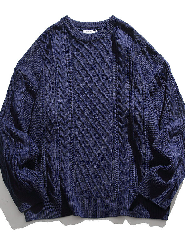 Men's Casual Retro Solid Cable Loose Sweater