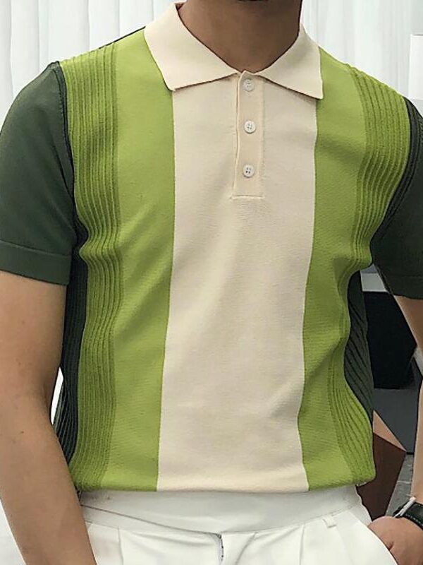 Men's Striped Knit Lapel Polo Shirt