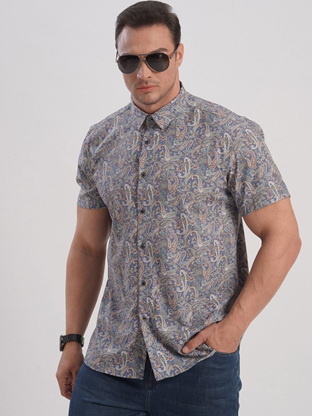 Men's 2023 Elastic Floral Print Loose Shirt
