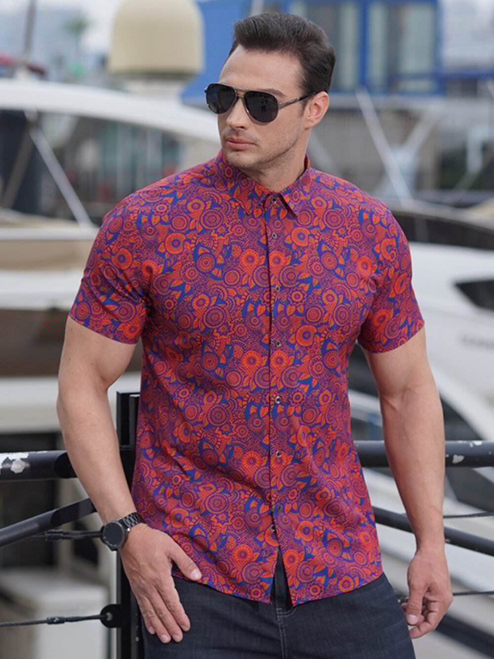 Men's 2023 Elastic Floral Print Loose Shirt
