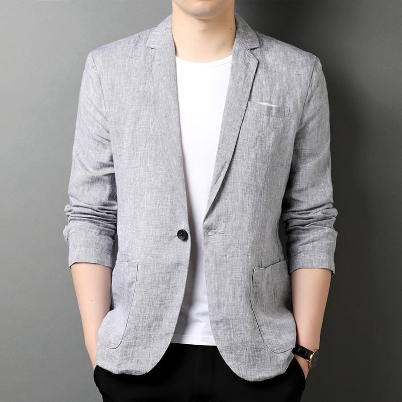 Gray linen-blend blazer fabric texture and front detail