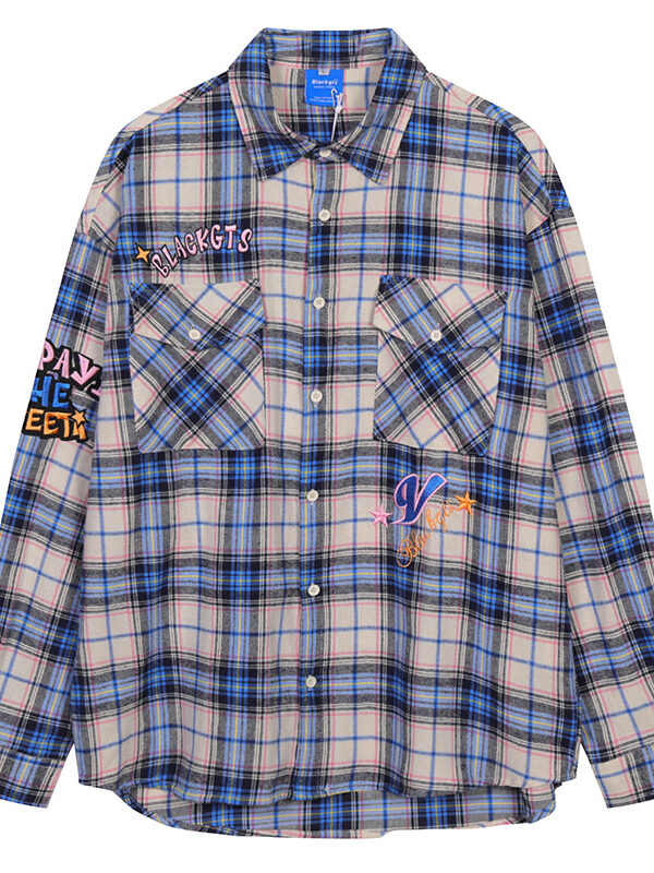 Men Casual Embroidered Plaid 2 Pockets Shirt