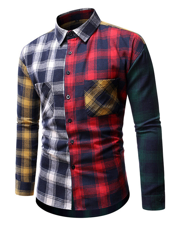 Men Casual Color Block Plaid Long Sleeve Shirt