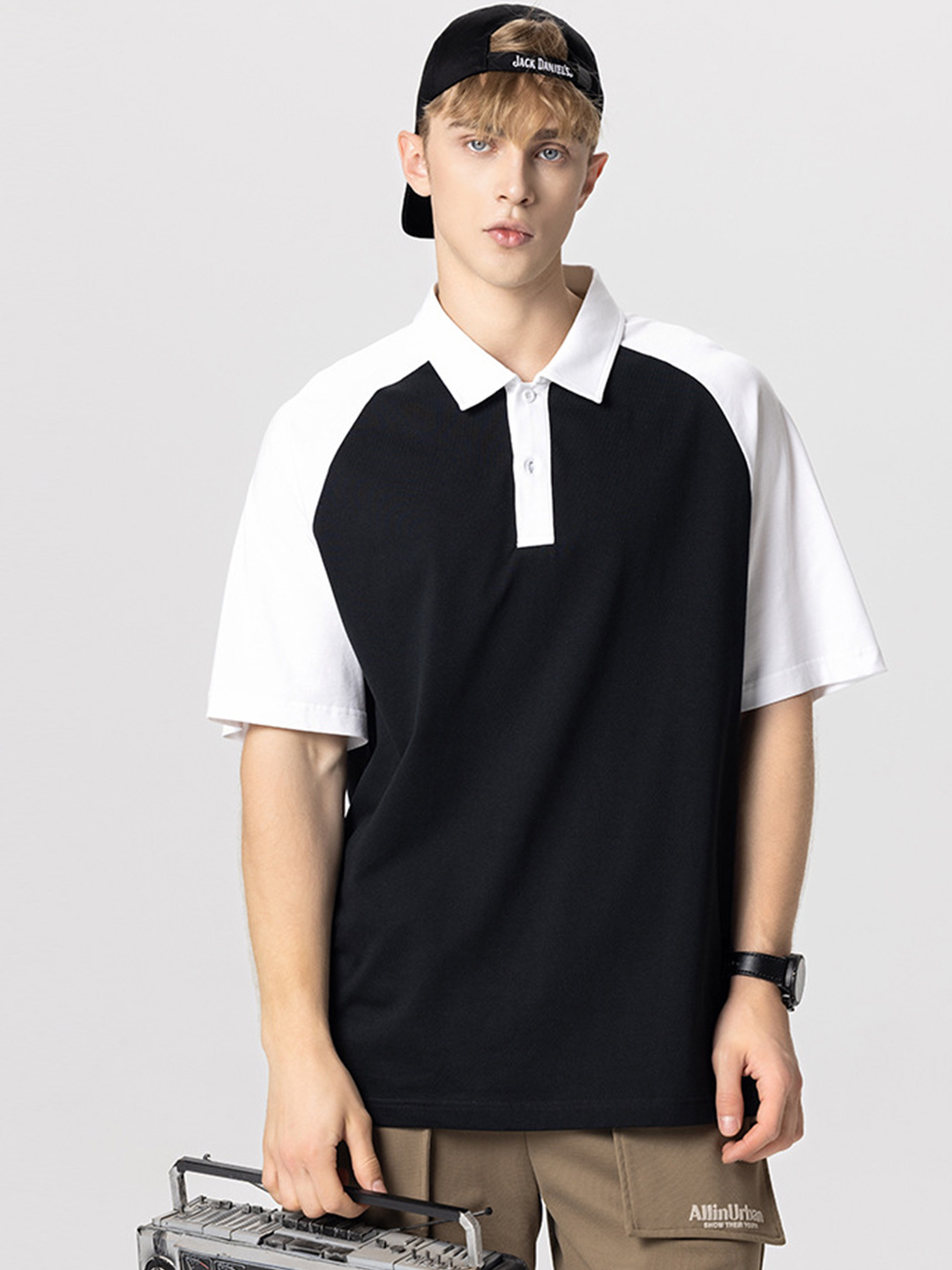 Men's Amekaji Loose Contrast Color Polo Shirt