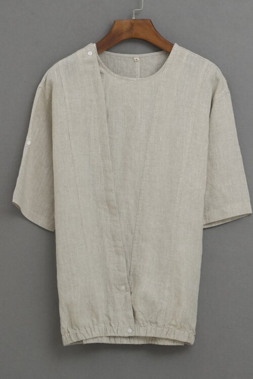 Men Linen Collarless Loose Short Sleeve Shirt