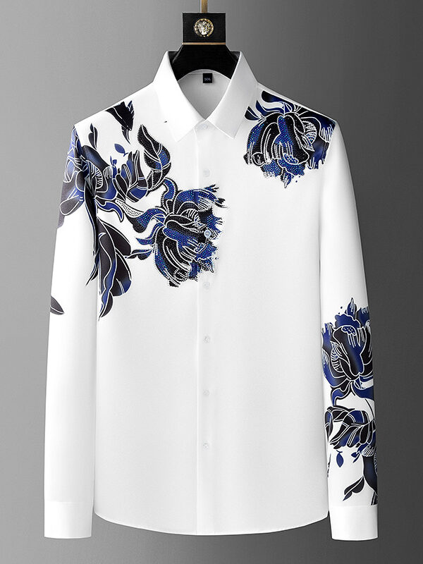 Men's Floral Rhinestone Long Sleeve Shirt