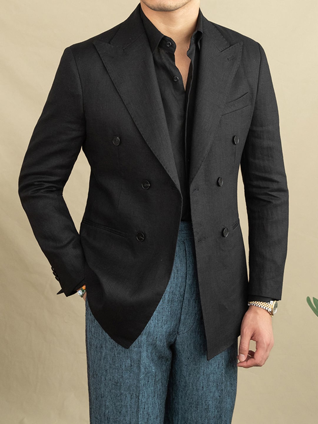 Men's double-breasted linen blazer full outfit