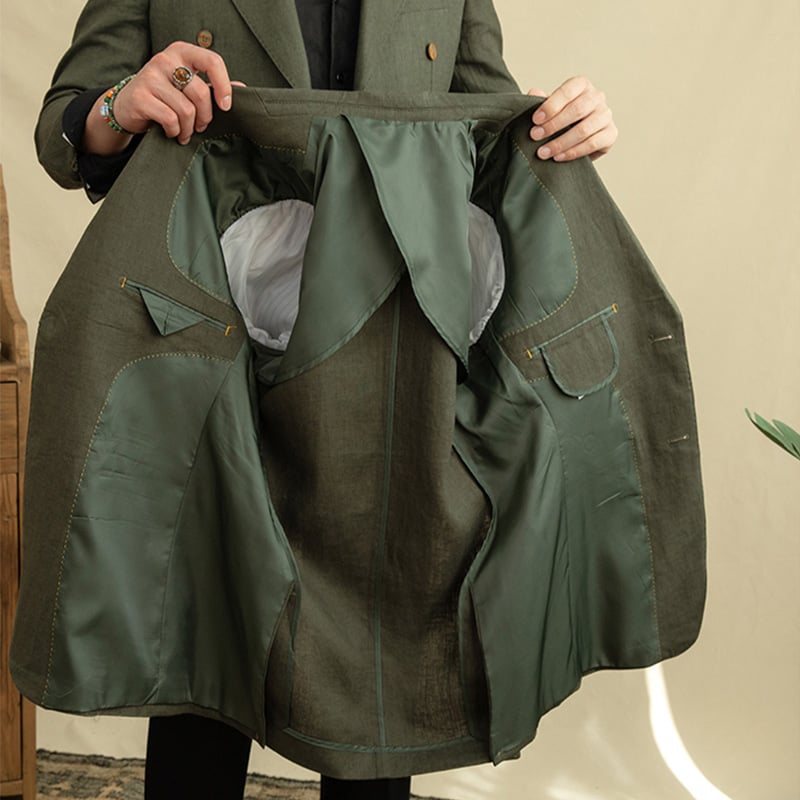 Men's double-breasted linen blazer tailoring detail