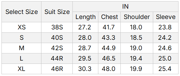 BZ0207 linen blazer size guide in centimeters and inches