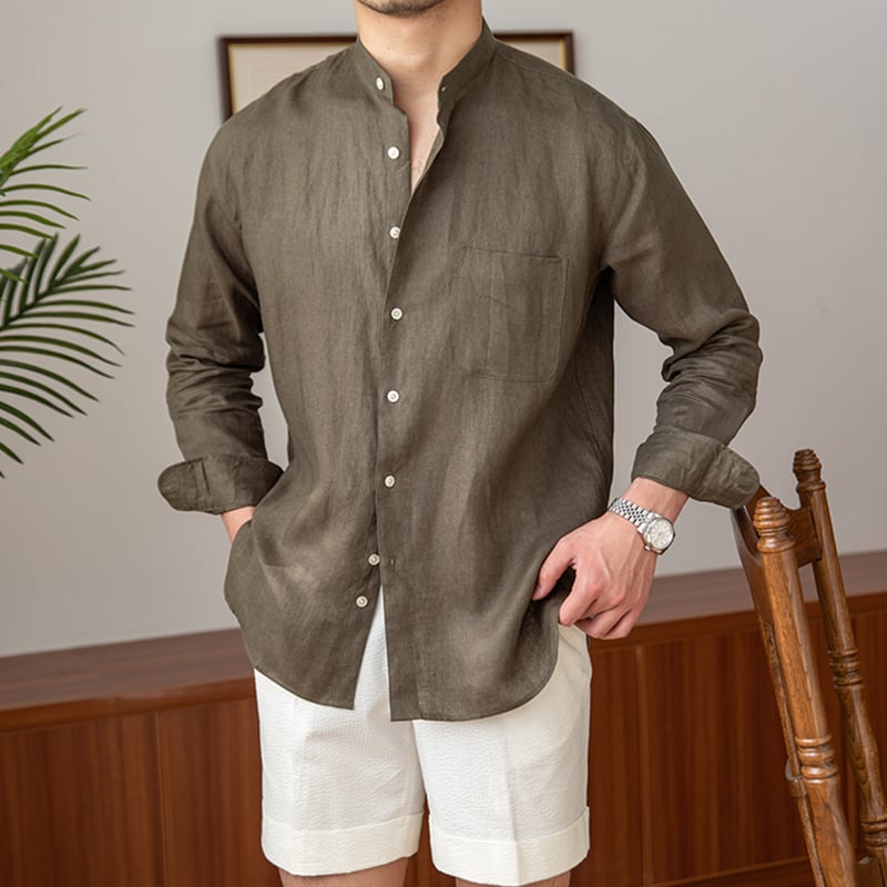 Men's green linen band collar shirt worn with white shorts