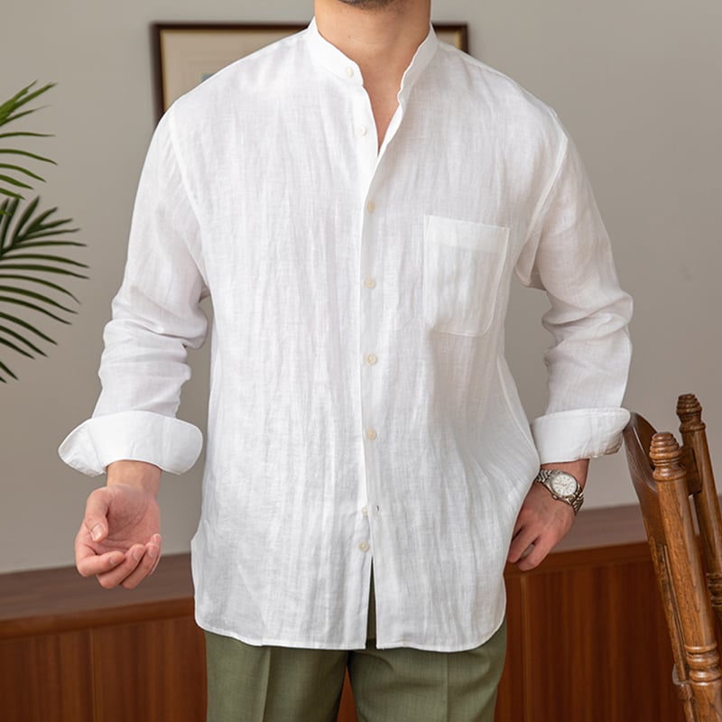 White linen band collar long sleeve shirt