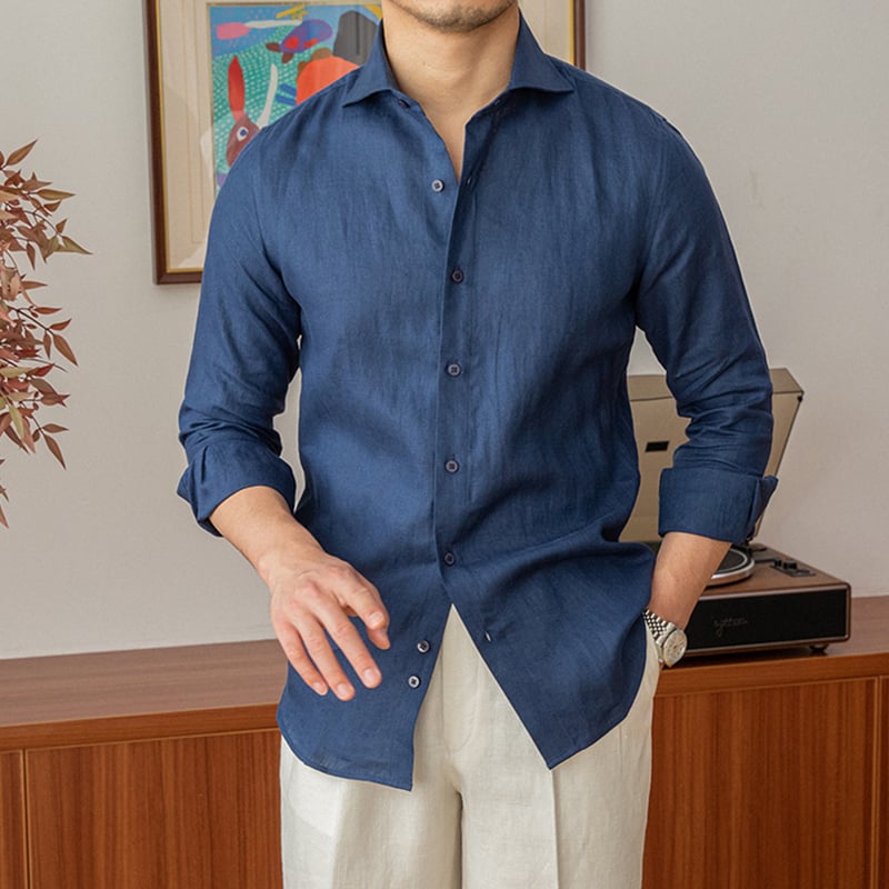 Men's sapphire blue linen shirt styled with light tailored trousers
