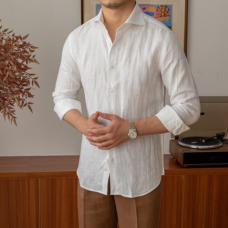 Men's white 100% linen long sleeve summer shirt
