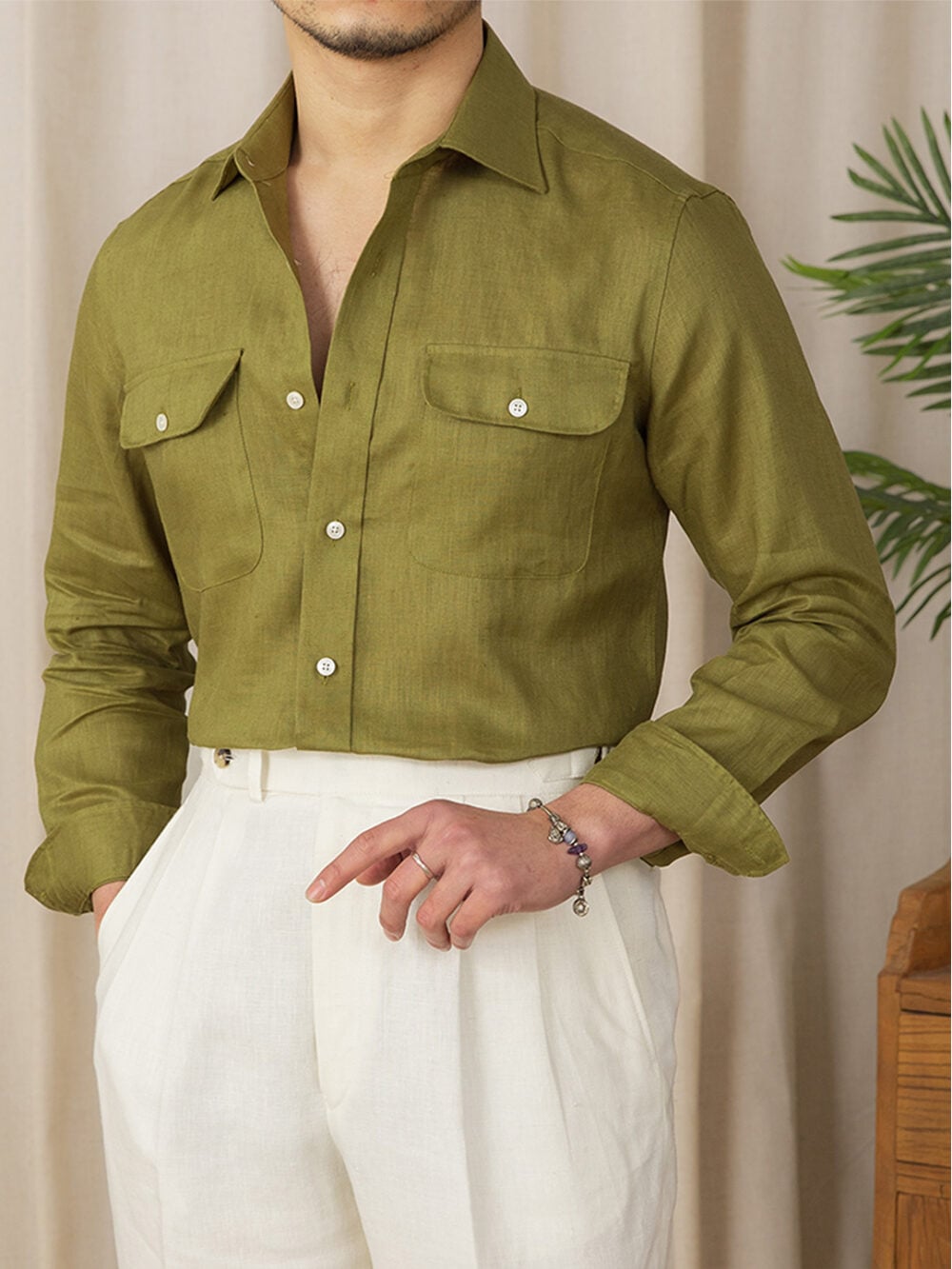 Olive green linen shirt with flap chest pockets