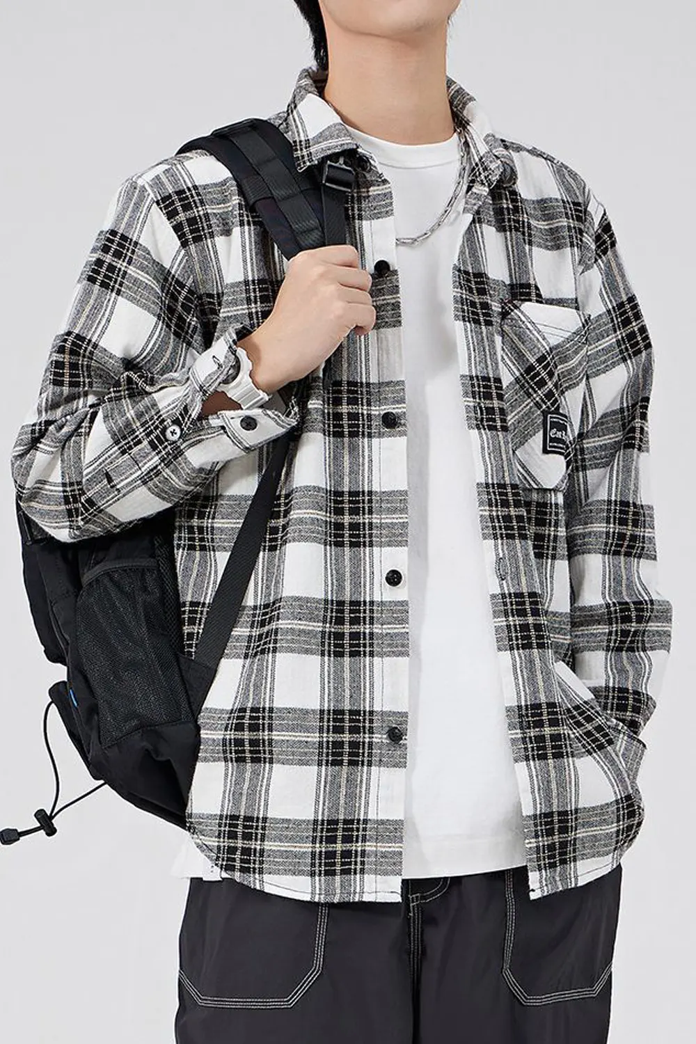 LS042704 Men's Plaid Pocket Shirt Jacket Casual Long Sleeve