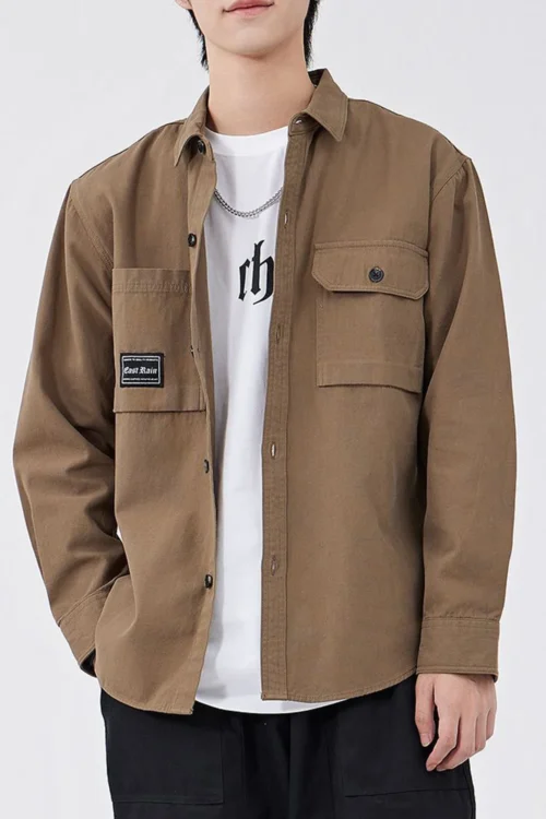 Men's Solid Shirt Jacket Double Pocket Casual Style