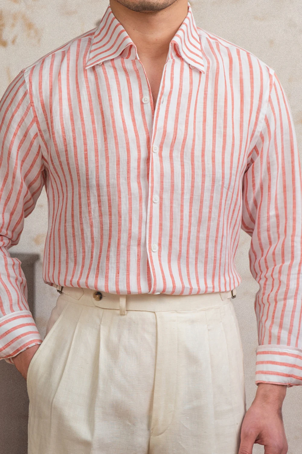Coral red and white striped 100% linen shirt