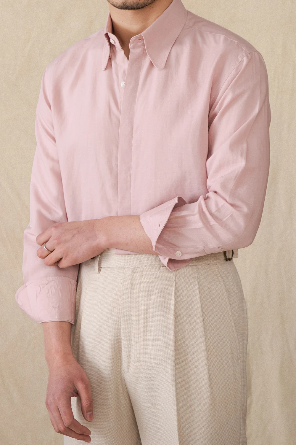 Pink Lyocell linen blend shirt with button cuff detail