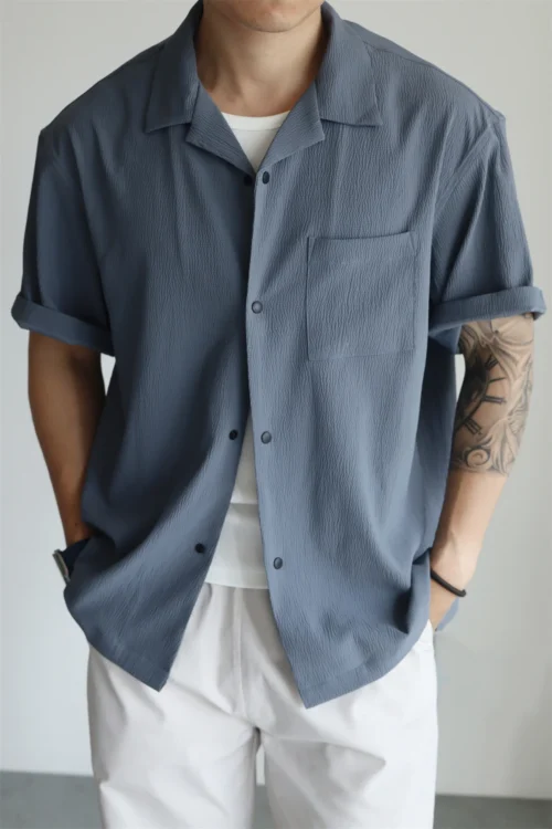 Men's Vintage Seersucker Breathable Cuban Collar Shirt