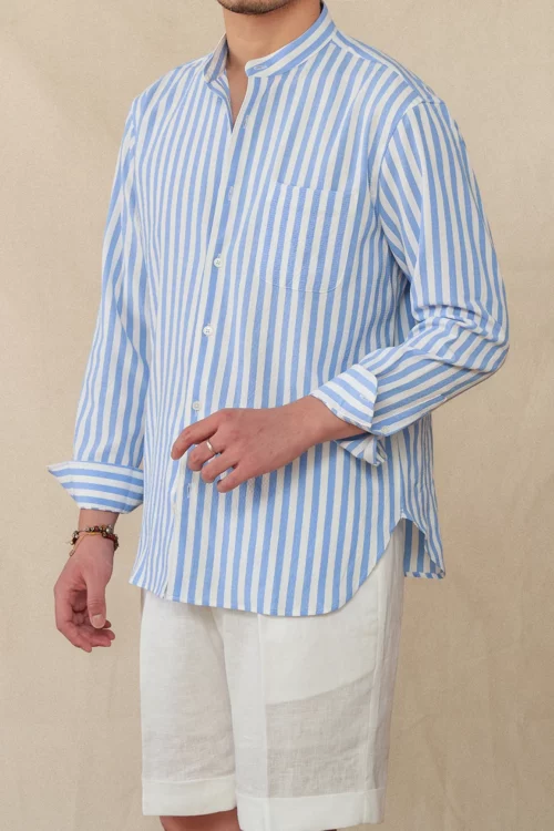 Men's Striped Seersucker Long Sleeve Stand Collar Shirt