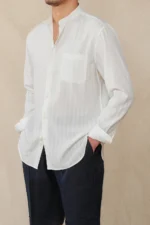 Men's Striped Seersucker Long Sleeve Stand Collar Shirt