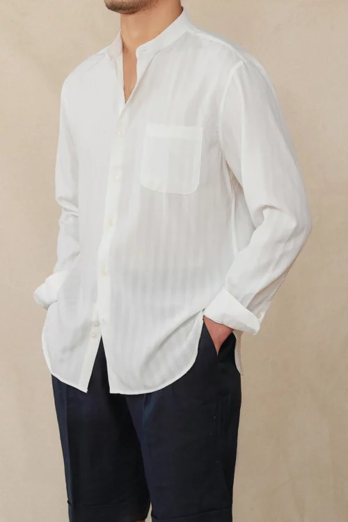 Men's Striped Seersucker Long Sleeve Stand Collar Shirt