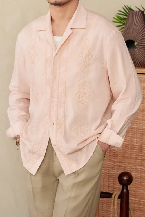 Men's Thin Embroidered Cuban Collar Long Sleeve Shirt