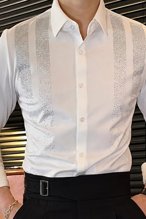 Men's Streetwear Easy Care Rhinestone Long Sleeve Shirt Performance Look Musician
