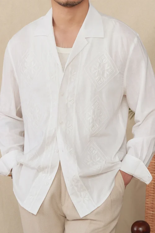 Men's Thin Embroidered Cuban Collar Long Sleeve Shirt