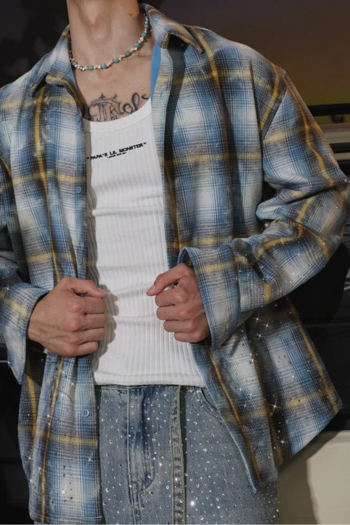 Men's Amekaji Plaid Silver Fox Velvet Rhinestone Shirt