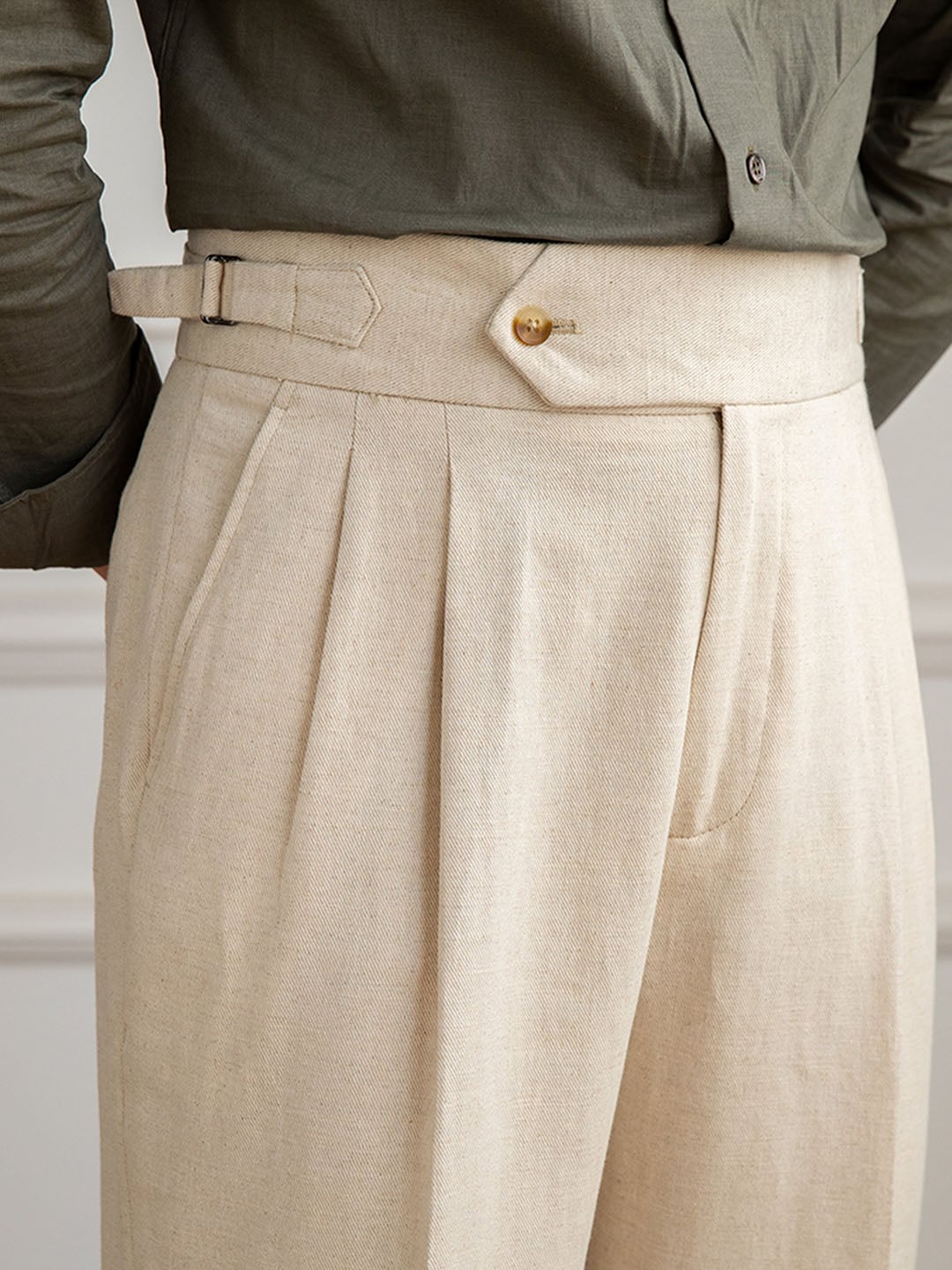 Men's Summer Naples High Waist Straight Leg Trousers 7 Beige high waist cotton linen trousers with side adjusters and cuffed hem