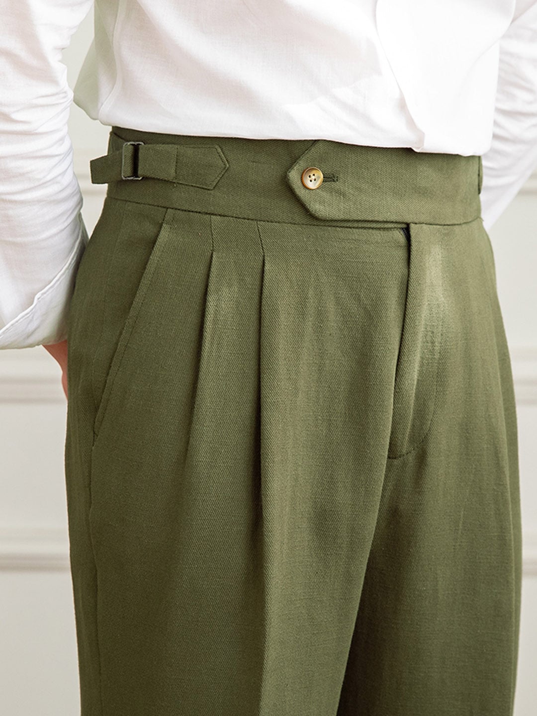 Men's Summer Naples High Waist Straight Leg Trousers 2 Close-up of green high waist trouser side adjuster and pleats