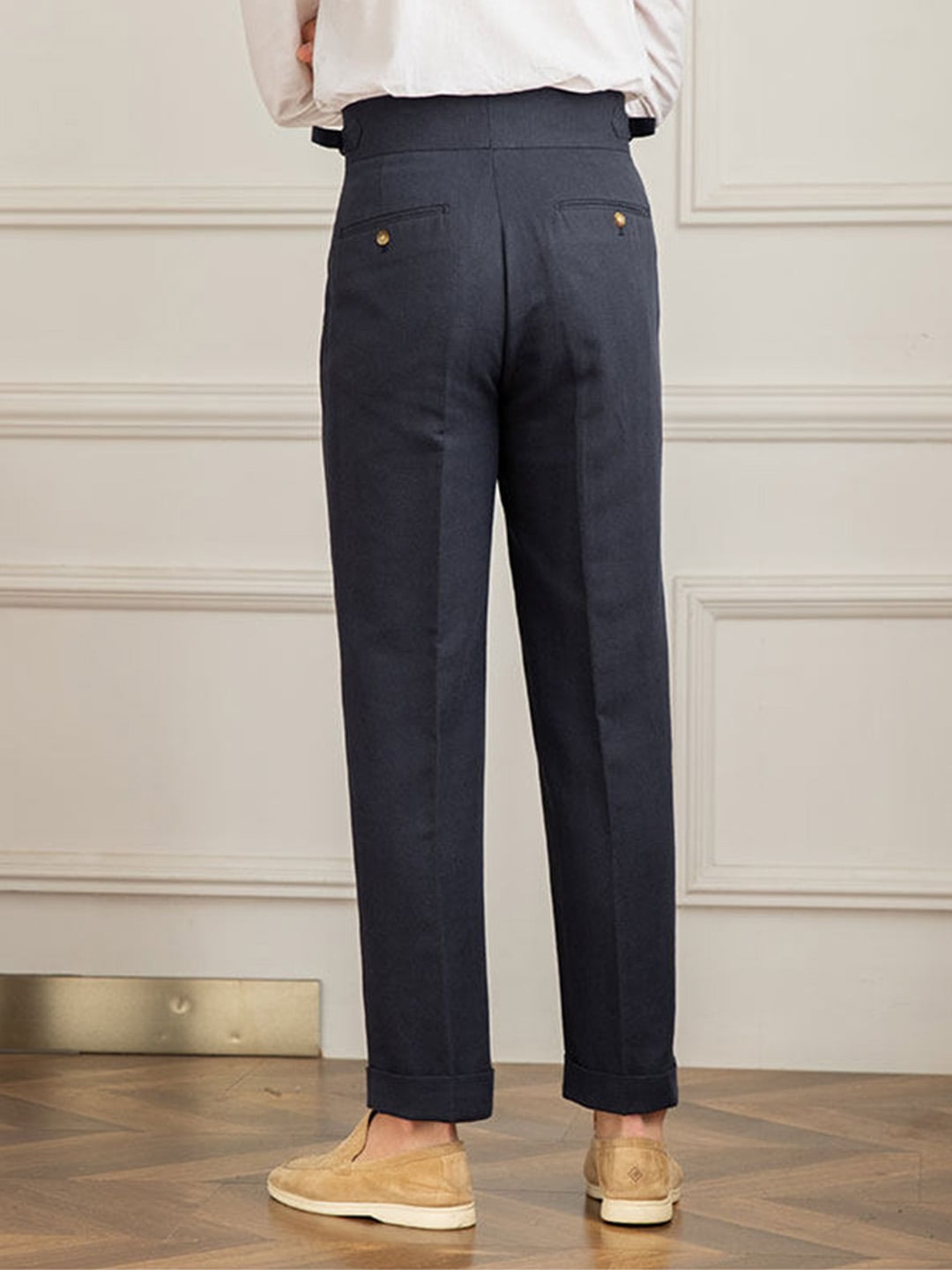 Men's Summer Naples High Waist Straight Leg Trousers 3 Back view of dark blue high waist straight leg trousers with welt pockets