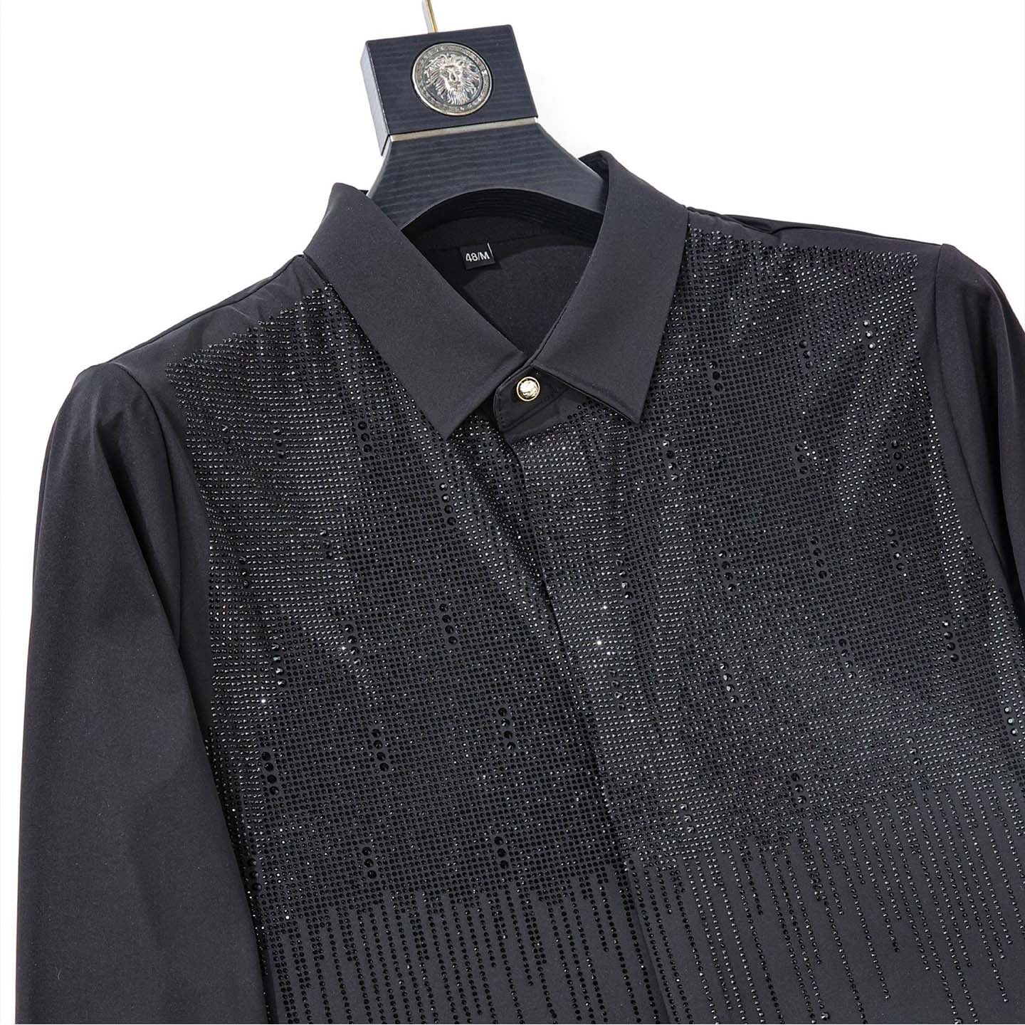Men's Luxury Rhinestone Waterfall Fringe Performance Shirt 3 Black rhinestone waterfall shirt collar and chest detail