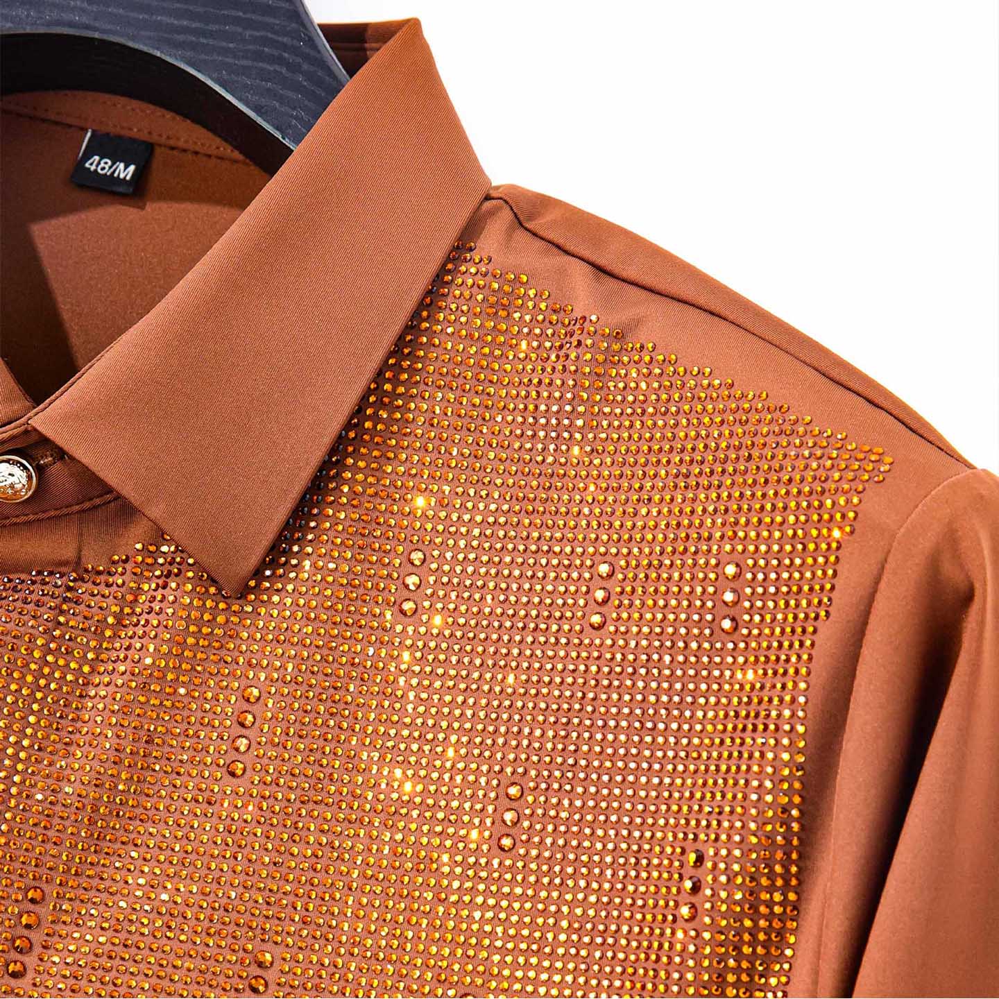 Men's Luxury Rhinestone Waterfall Fringe Performance Shirt 7 Coffee rhinestone waterfall shirt close-up