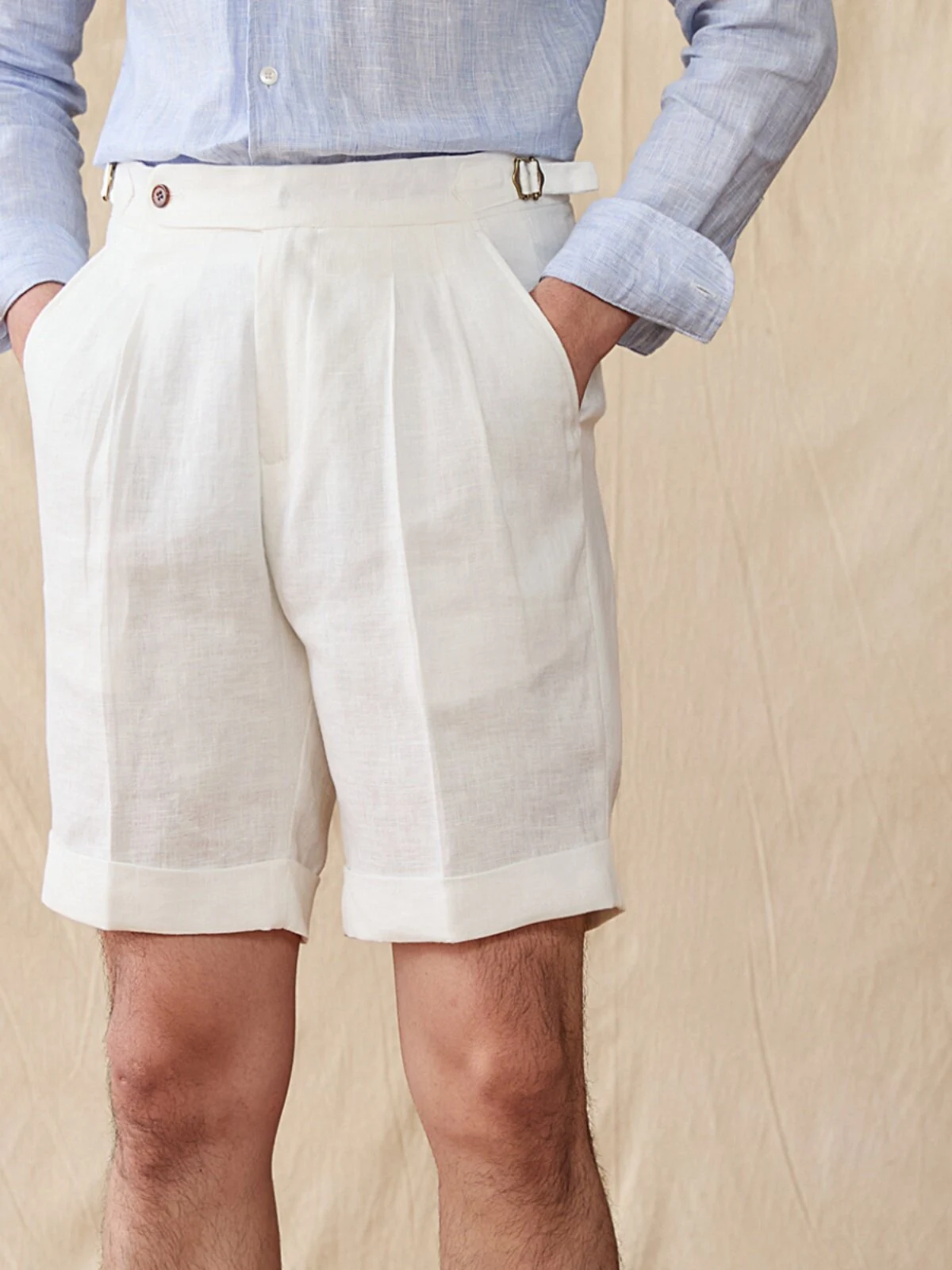 Men's Summer Breathable Casual Linen Shorts 2 Close front view of men's natural linen pleated shorts