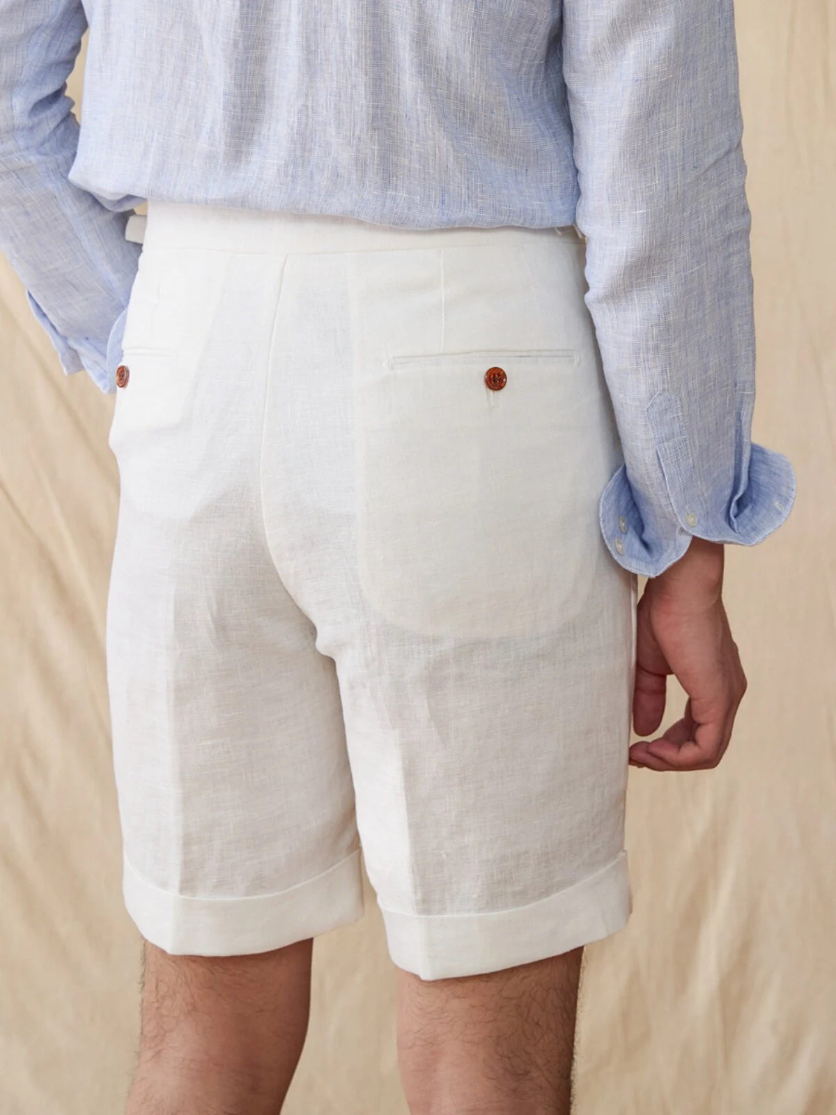 Men's Summer Breathable Casual Linen Shorts 3 Back detail of men's white linen shorts with buttoned welt pockets