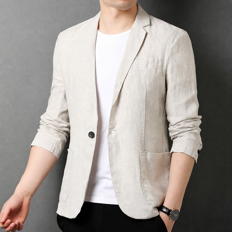 Detail view of gray linen-blend casual sport coat blazer