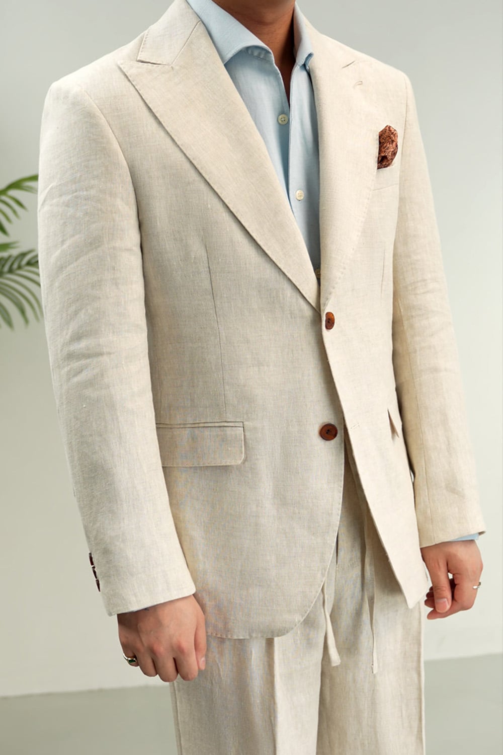 Men's natural beige pure linen peak lapel blazer