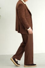 Side view of coffee brown linen suit set with relaxed tailored fit